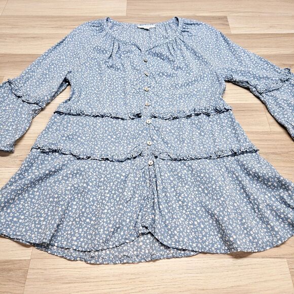 Beach Lunch Lounge Womens Blue Floral Tunic Blouse Ruffle Bell Sleeve XS - Picture 2 of 8
